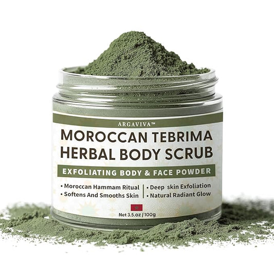 Moroccan Tebrima Herbal Exfoliating Body Scrub Powder | Natural Body Exfoliator for Women & Men, Gentle Bikini Exfoliating Scrub with Nila, Henna, Rose & White Clay for Smooth, Glowing Skin
