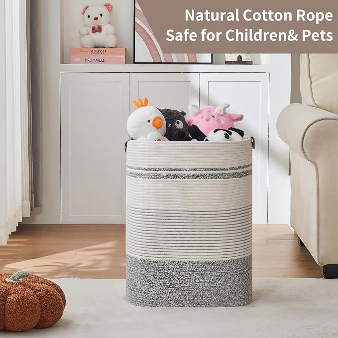 Laundry Hamper, 85L Cotton Rope Laundry Basket, Grey & White | Foldable nursery hamper with leather handles; store blankets, toys, baby clothes and laundry in bedroom or living room