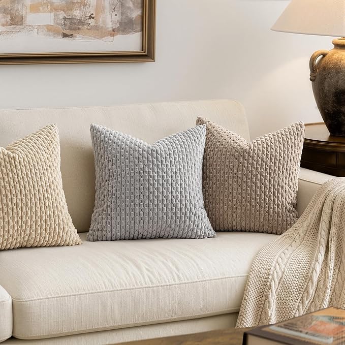 MIULEE Decorative Throw Pillow Covers 18x18 Light Grey Textured Corduroy | Pack of 2 Striped Pillow Covers Modern Farmhouse Home Decor for Couch Bed Sofa Living Room
