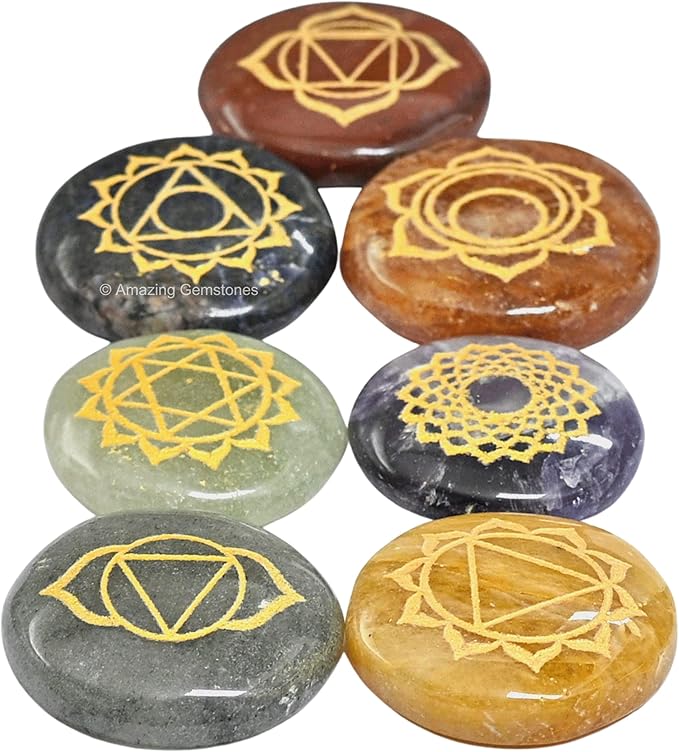 Amazing Gemstone 7 Chakra Set Reiki Healing Crystal with Engraved Chakra Symbols - Chakra Balancing Polished Palm Stones Set with Velvet Pouch