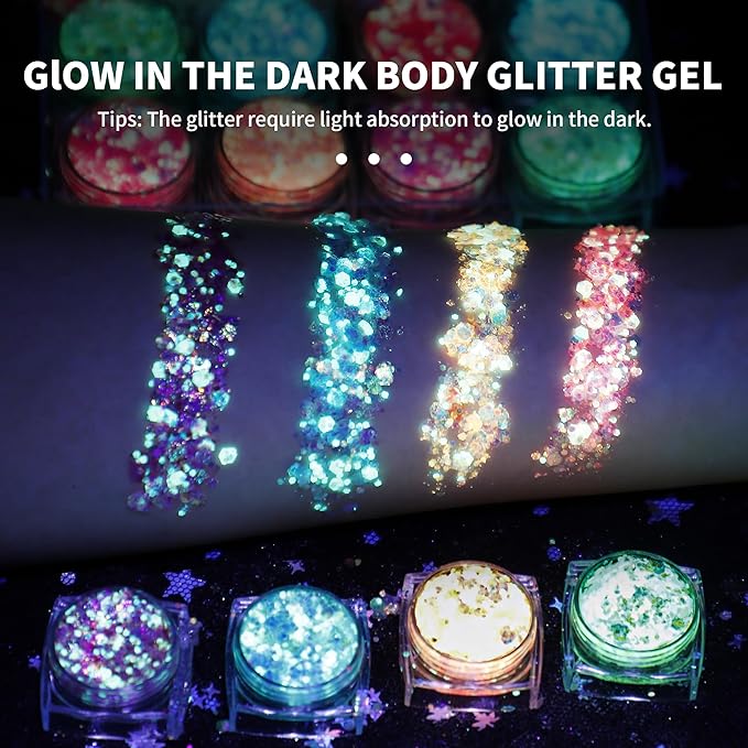 Glow in The Dark Body Face Glitter Gel for Women, 12 Colors Glitter Gel Makeup Chunky Fine Glitter, UV Black Light Accessories for Body/Face/Hair/Eyeshadow, Carnival Party(Not Loose Glitter)