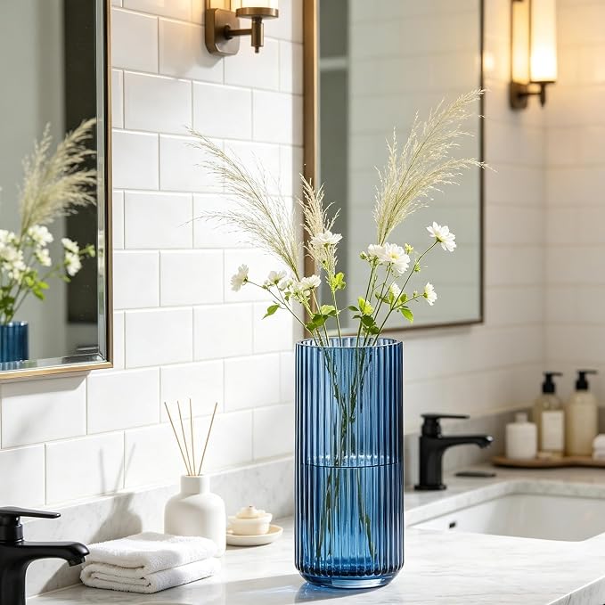 10 inch Blue Glass Flower Vase for Pampas Grass, Medium Decorative Centerpiece Ribbed Vase for Dining Table, Office Desktop, Shelf Bookshelf, Mantel, Entryway, Bathroom, Countertop,Gift