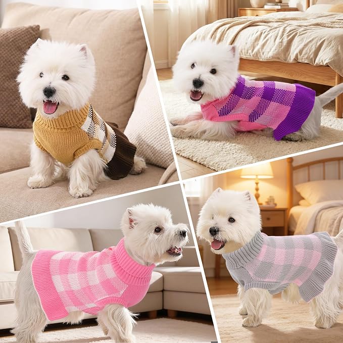 Dog Sweater Dress Plaid Knitwear for Small Medium Dogs Warm Puppy Pet Turtleneck Stretch Pullover Cute Fall Winter Vest Clothes with Leash Hole for Christmas (Grey, S)