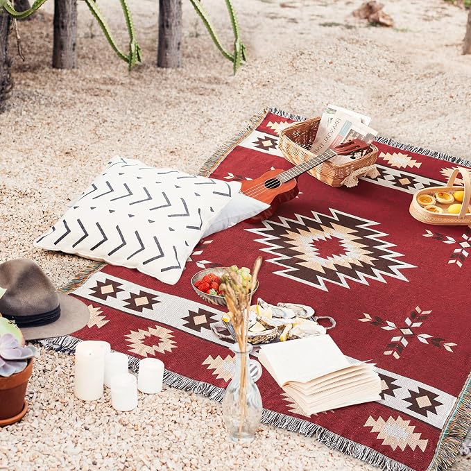 Native American Blanket Boho Throw Blanket for Sofa and Bed, Mexican Decorative Farmhouse Blanket, Southwest Decor Woven Blankets, Aztec Throw Blankets Bohemian with Tassel(Wine,50×60 inch)
