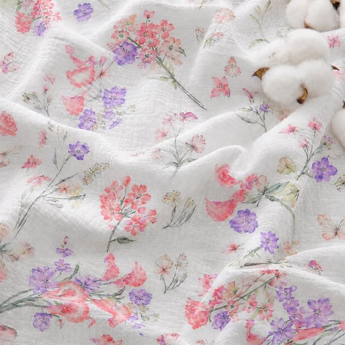 Viviland Cooling Muslin Blanket Queen Size for Bed Summer Gauze Blanket for Adults Breathable Lightweight Soft for Hot Sleepers Linen 90 x 90 Inches Pink Purple Flowers