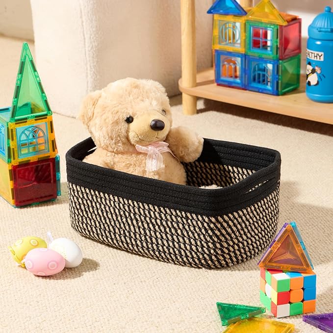 MiniArk Small Storage Baskets for Organizing | Closet Organizer Bins | Shelf Toy Basket | Woven Rope Baskets | Cube Decorative Box | Shallow Basket | 13x8.5x5.1” | 4 Packs Black Brown