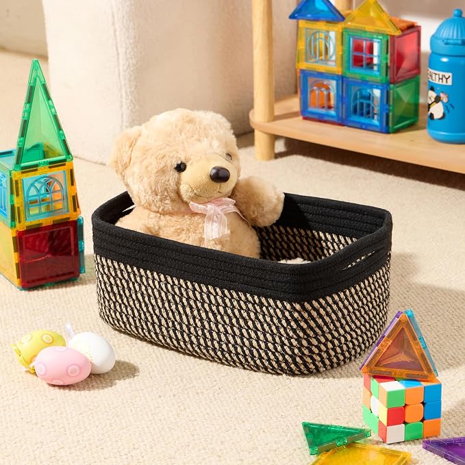 MiniArk Small Storage Baskets for Organizing | Closet Organizer Bins | Shelf Toy Basket | Woven Rope Baskets | Cube Decorative Box | Shallow Basket | 13x8.5x5.1” | 3 Packs Black Brown