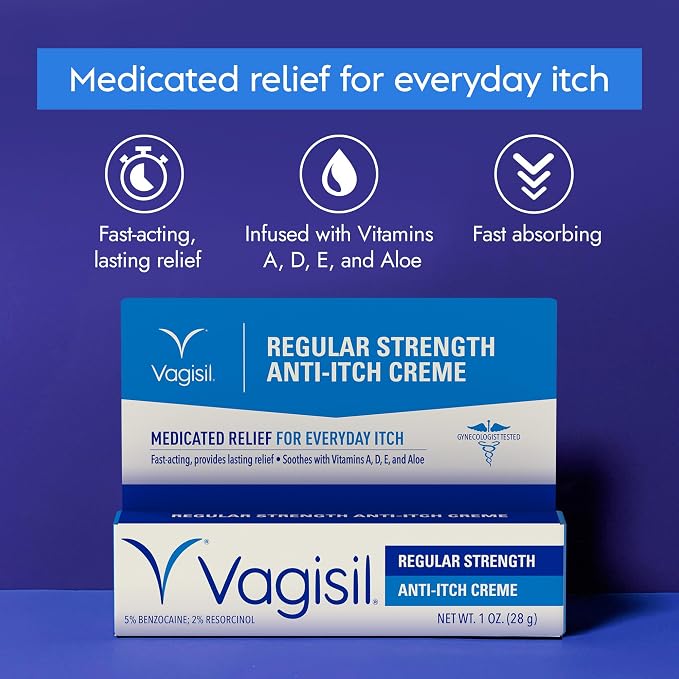 Vagisil Regular Strength Anti-Itch Feminine Cream for Women, Gynecologist Tested, Hypoallergenic, Fast-acting and Long-lasting Itch Relief, Vaginal Moisturizer Soothes and Cools, 1 oz (Pack of 2)
