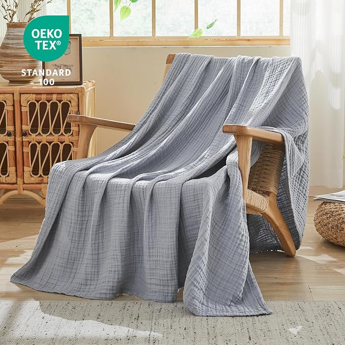 EMME Muslin Blankets for Adults Throw Blanket for Couch Breathable Gauze Soft Lightweight Airy Dusty Blue Throw XL 50" x 71"