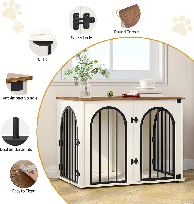 Hzuaneri 31.5'' Dog Crate Furniture,Dog Kennel Indoor for Small/Medium Dogs | Dog Kennel Furniture Wooden Dog Cage Heavy Duty Dog Crate Decorative Pet House End Side Table TV Stand,White Brown DFC85114B