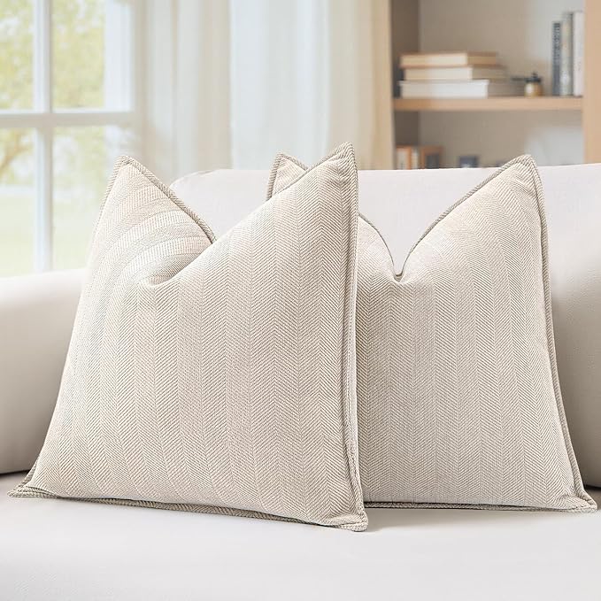 MIULEE Pack of 2 Cream Beige Decorative Chenille Pillow Covers 20x20 Inch | Soft Couch Throw Pillows,Farmhouse Cushion Covers with Elegant Design for Sofa,Bedroom,Living Room,Spring Home Decor