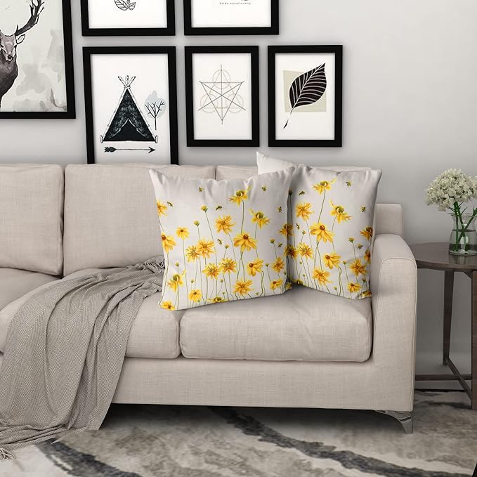 Spring Summer Throw Pillow Covers 20X20 Inches Set of 2 Yellow Flowers Coreopsis Bee Decorative Pillow Cases Bees Floral Pillow Cover Farmhouse Home Decor for Outdoor Room Couch Patio Porch