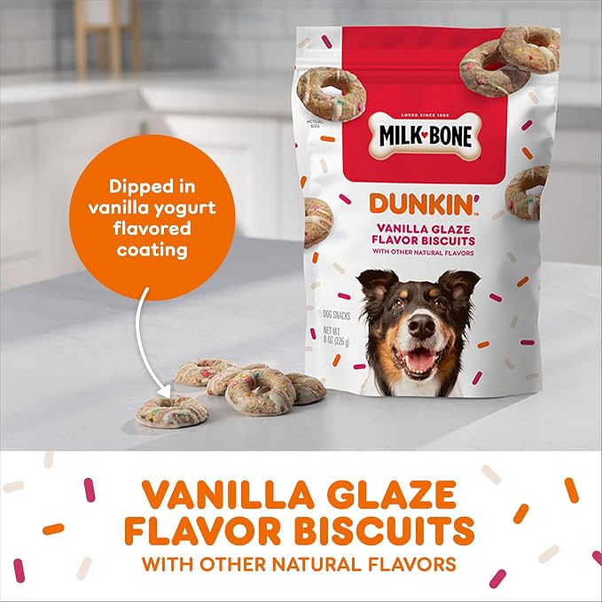 Milk-Bone Dunkin’ Vanilla Glaze Flavor Dog Biscuits, 8 Oz. | Vanilla glaze flavor with other natural flavors, Donut-inspired dog treats