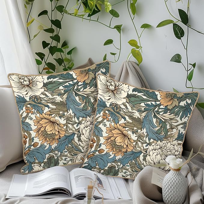 KSLIDS Vintage Flowers Soft Velvet Throw Pillow Covers Set of 2 Floral Plant Leaves Decorative Pillow Covers 20x20 Inch Yellow White Flowers Pillow Case for Sofa Couch Bedroom Farmhouse Home Decor