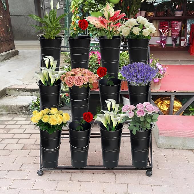 Notakia 10.62 Inch Galvanized Metal Vases Farmhouse French Flower Bucket Vases for Cut Flowers for Home Decor and Wedding Table Centerpiece Decorations (Medium Size Black 8Pcs)