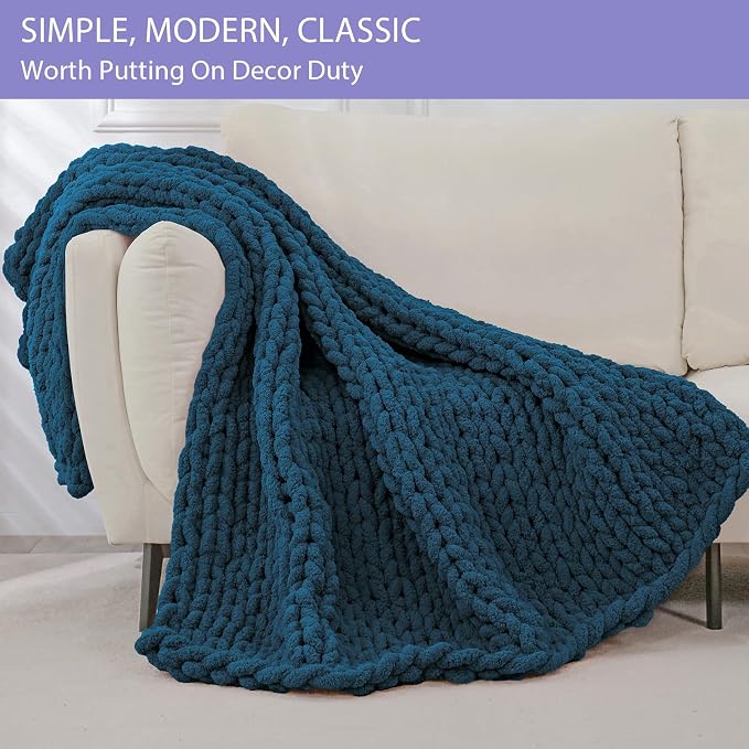 Bigacogo Chunky Knit Throw Blanket for Couch, 40x80 inches, Deep Sea Blue | Hand Knit with Jumbo Chenille, Soft Breathable Cable Knit for Sofa Bed Living Room, Machine Washable, Gift for Mom Friend