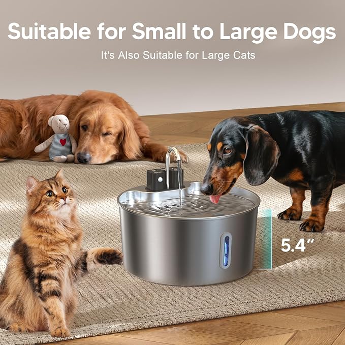 Voluas 7L Wireless Dog Water Fountain with 1 Filter, Stainless Steel | 236oz capacity, 4-layer filtration, ultra-quiet pump, water level window, easy clean for large dogs