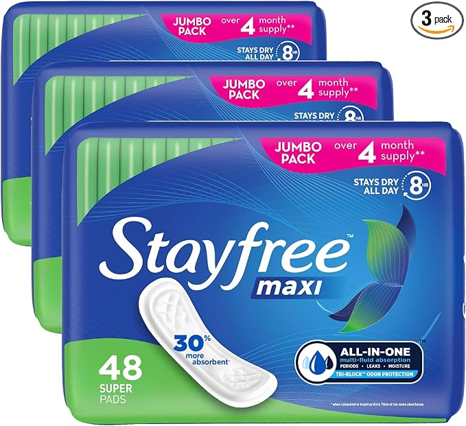 Stayfree Maxi Pads, 144 Count, Extra Heavy Absorbency, Wingless | Super Long | Unscented | Disposable