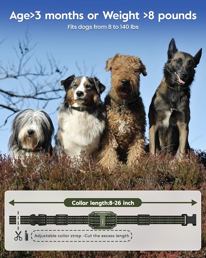 SLOPEHILL Dog Training Collar,4200FT Remote Shock Collar for Dogs 8-140lbs | IP68 Waterproof e Collar with Beep, Vibration, Safe Shock, Light ,No Shock Modes,Dog Collar with Removable Prongs,Dark Green