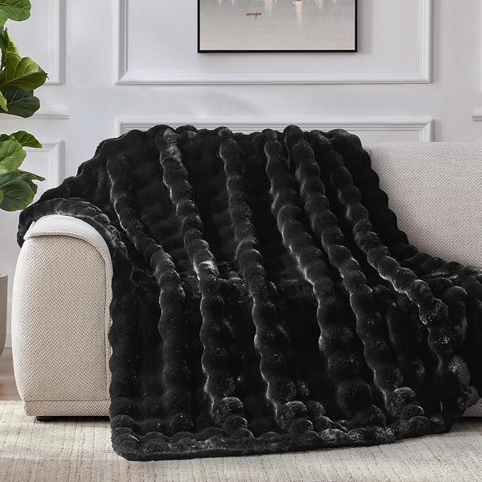 Anysay Faux Fur Throw Blanket,1000GSM Fluffy Soft Bubble Blanket 90''*104'' | Cozy Plush Warm and Thick Blanket for Couch Bed, Fuzzy Rabbit Throw for Living Room Bedroom Black
