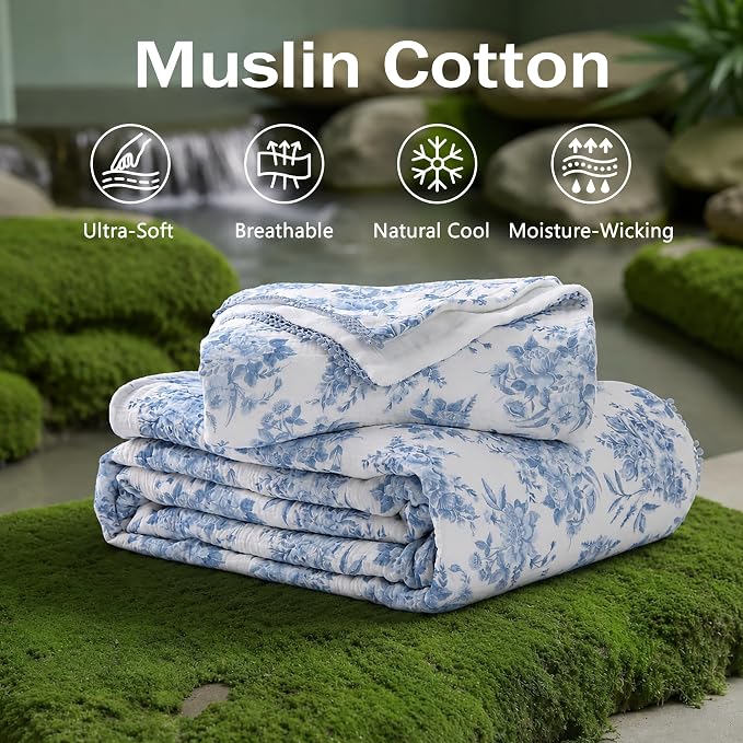 Viviland Fleece Throw Blanket Reversible Muslin Blankets, Soft Throw Blanket for Couch and Bed, Breathable Quilt Bedspread, Gauze Bedding for Adults, Large 50x70 inch, Blue Nerrah
