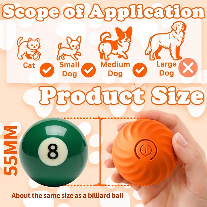 Interactive Dog & Cat Toy Ball, Automatic Moving Pet Toy for Small & Medium Dogs and Cats, USB-C Rechargeable Rolling Indoor Dog Toy for Boredom Relief