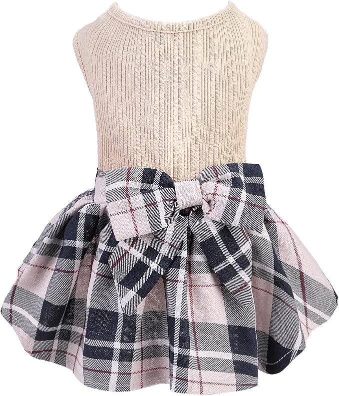 PUPTECK Cute Soft Plaid Dog Dress with Bow Puppy Skirt Clothes, Beige M | Breathable Lightweight Adorable Puppy Doggie Pet Clothes Outfits Apparel Costume for Small Medium Large Dogs Girl