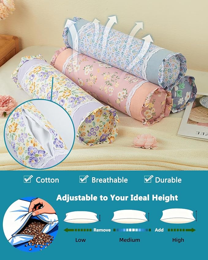 Buckwheat Hull Neck Roll Pillow -15.7" x4.7” Adjustable Firmness Cervical Support for Sleep & Yoga, Cooling Floral Cotton Cover, Ergonomic Bolster Pillow, Blue