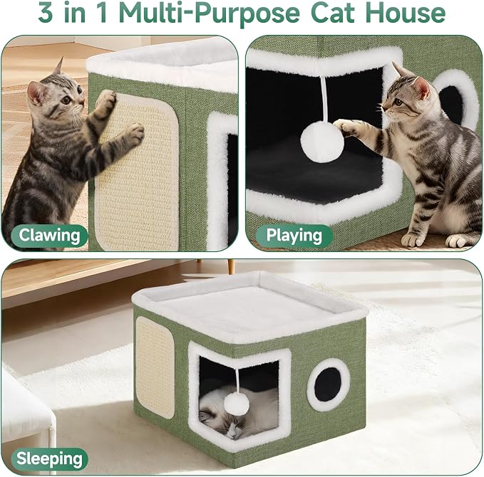 Shikha Cat House Bed for Indoor Cats with Fluffy Ball and Scratch Pad Green | Foldable Large Cat Cave Hideaway with Cozy Condo, Hide and Seek Window, Holds Up to 30LBS, All Season Reversible Cushion