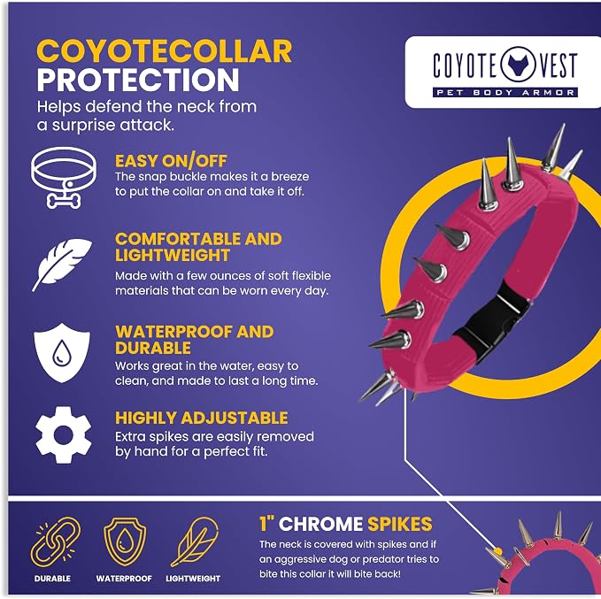 CoyoteCollar Spike Dog Collar, Adj/Replaceable Spikes, Medium, Pink