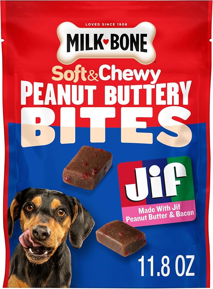 Milk-Bone Soft & Chewy Peanut Buttery Bites, 11.8 Oz. Bag | Soft dog treats with Jif peanut butter & real bacon