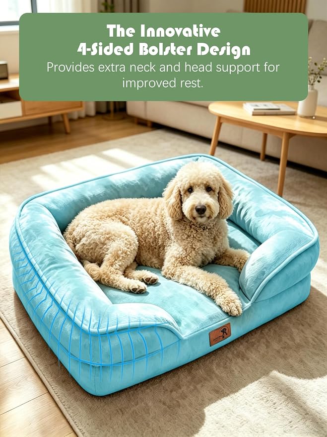 Spotted Play Orthopedic Dog Bed with Sides - Sofa Beds for Extra Large Dogs, Supportive Foam Pet Couch Bed with Washable Removable Cover, Waterproof Lining and Non-Slip Bottom, Ice Blue - XL