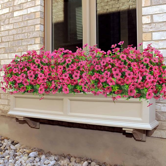 12 Pcs Artificial Flowers for Outdoors Decorations, Rose Red | Lifelike silk flowers, UV resistant, faux plastic plants, for garden porch window table vase home indoor outdoor decor