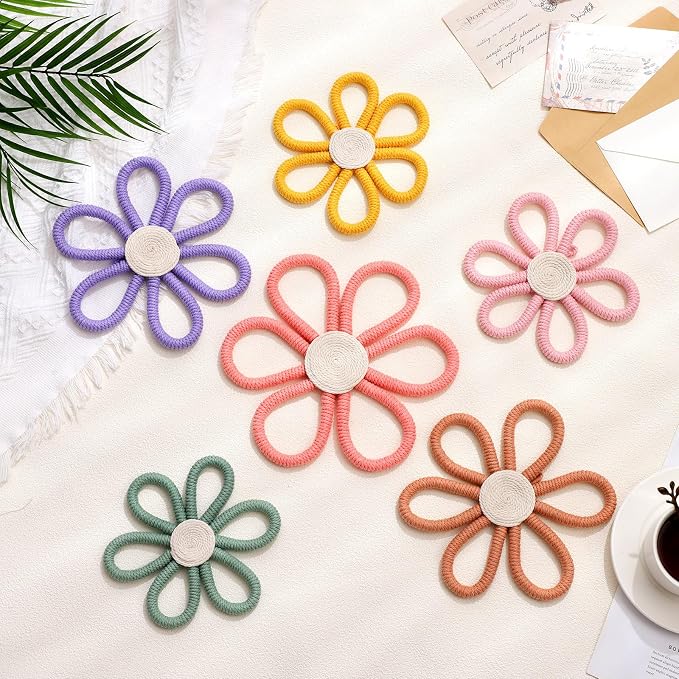 Barydat 6 Pcs Boho Nursery Decor Daisy Flower Woven Macrame Wall Hanging 3 Size Daisy Flower Wall Decor Bohemian Nursery Decorations for Home Dorm Art(Multicolor)
