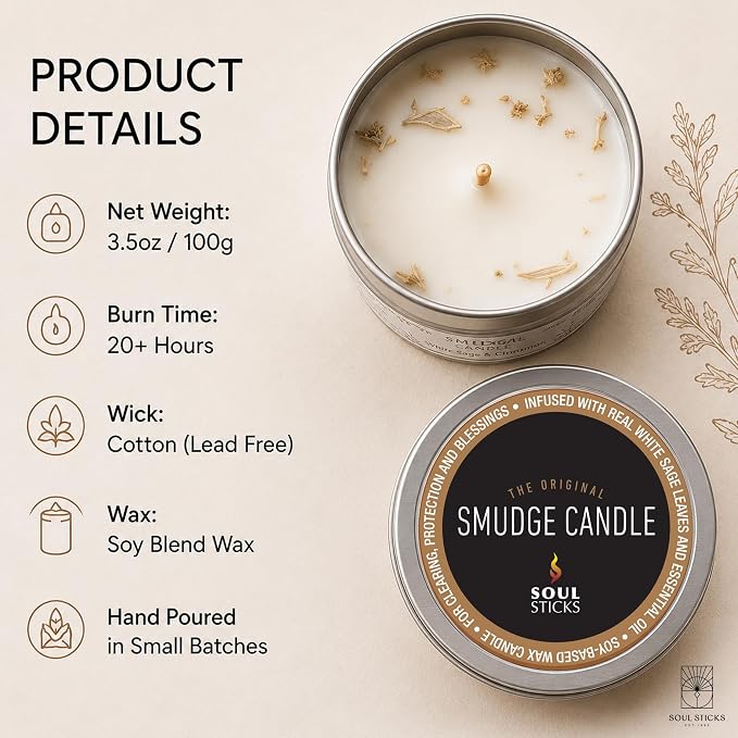 SOUL STICKS Smudge Candle for Cleansing House, Meditation, Chakra Healing, Aromatherapy | 3.5 Ounce Smudge Candle for Spiritual Cleansing (White Sage & Cinnamon)