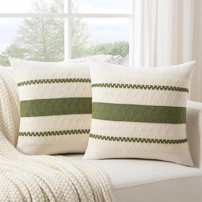 Fancy Homi Set of 1 Boho Moss Green Big Decorative Throw Pillow Cover 24x24 Inch for Couch Bed Bedroom, Aesthetic Modern Organic Farmhouse Room Decor, Soft Cotton Accent Macrame Woven Cushion Case