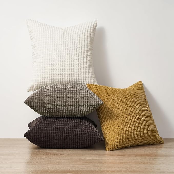 Topfinel Pack of 4 Gold Brown Throw Pillow Covers 18x18 Inch for Living Room Couch Bed, Boho Farmhouse Home Decor Cushion Cases,Soft Corduroy Accent Square Cushion Covers 45x45 cm(Yellow,Brown)