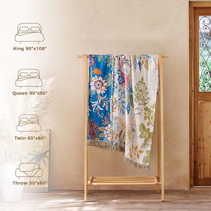 LUTBM Boho Throw Blanket for Bed 60"x80", All Season Cotton Couch Blankets | Reversible Floral Leaves Jacquard, All-Season Twin Lightweight Breathable Quilt, For Chair Sofa Bedroom Living Room Decor