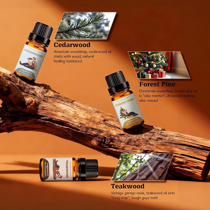 RAINBOW ABBY Woody Fragrance Oils Set, 6x10ml Wood Essential Oil Set for Candle Making, Diffuser - Forest Pine, Fresh Cut Wood, Leather, Teakwood, Bamboo, Cedarwood Aromatherapy Oils