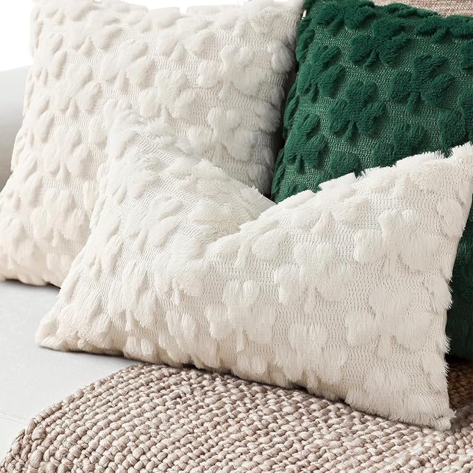 decorUhome Faux Fur Throw Shamrock Cream White Pillow Covers 12x20 Set of 2 | Plush Soft Wool St. Patrick’s Day Throw Pillow Covers, Accent Modern Farmhouse Pillow Covers Holiday Decor for Sofa Bed