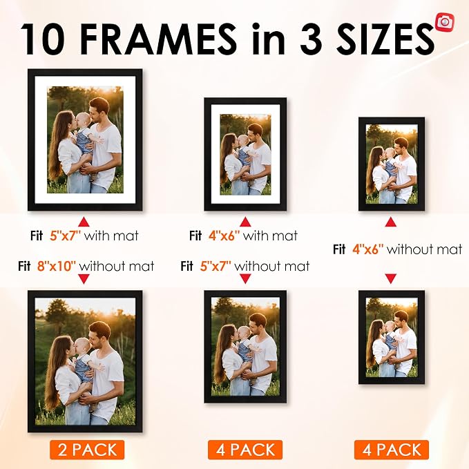 10 Pack Picture Frames Collage Wall Decor for Mounting or Tabletop Display, Gallery Wall Frame Set with Two 8x10 Black Frames, Four 5x7 Frames and Four 4x6 Frames, Multi-Pack Photo Frame Set