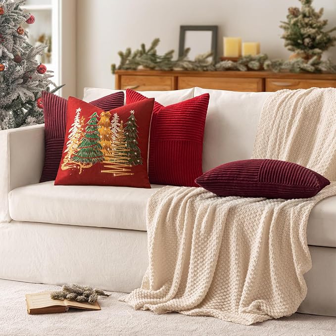 MIULEE Burgundy Decorative Throw Pillow Covers for Couch 20x20 Inch | 2 Pack, Boho Farmhouse Pillow Covers, Soft Cross Corduroy Patchwork Textured Cushion Cases For Bed Sofa