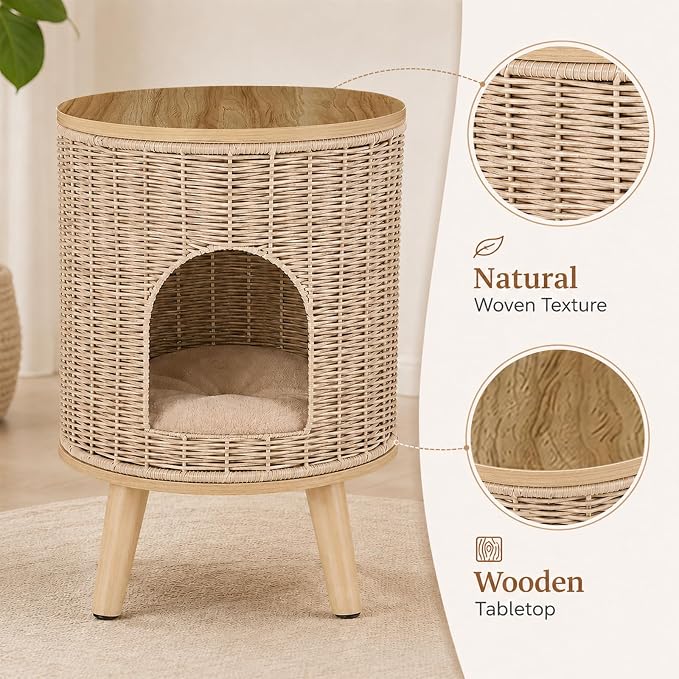Rattan Cat House End Table, 2-in-1 Cat Bed Side Table, Stylish Pet Furniture for Indoor Cats in Living Room and Bedroom (Natural, 15.7”L x 15.7”W x 22”H)