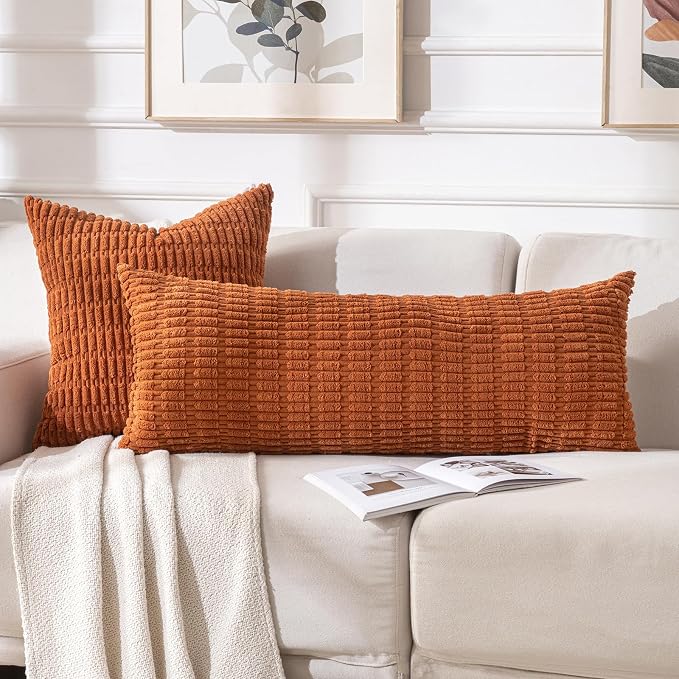 Fancy Homi Decorative Throw Pillow Covers for Bed Couch Bedroom Bench, Soft Corduroy Solid Pillow Case, Rustic Farmhouse Boho Room Decor,36" x 14" (Pack of 1),Rust