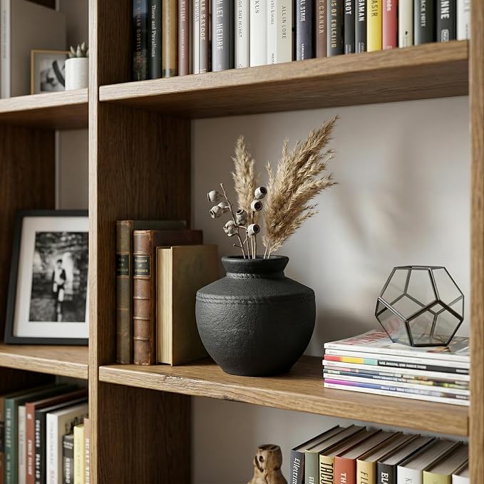 Black Ceramic Vase - 6 Inch Small Rustic Farmhouse Flower Vases for Home Decor Decorative Minimalist Vase for Centerpiece Coffee Table Bedroom Living Room Decor