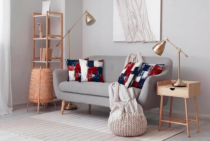Throw Pillow Covers, Red White Blue Abstract, 18x18 | Red, Navy & White Patriotic Cushion Cases, 4th of July accent pillowcases for sofa, living‑room & porch