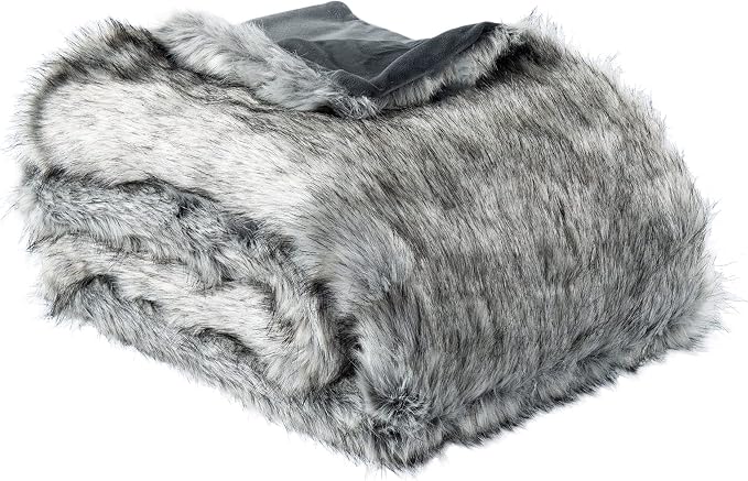 BATTILO HOME Grey Faux Fur Throw Blankets 60x80 in Luxury Decorative Fuzzy Warm Cozy Fake Fur Blanket for Bed Sofa Couch | Luxury Soft Cozy Plush Elegant Furry Fluffy Faux Fur Blanket for Couch, Sofa, Living Room, Long Pile with Black Tips