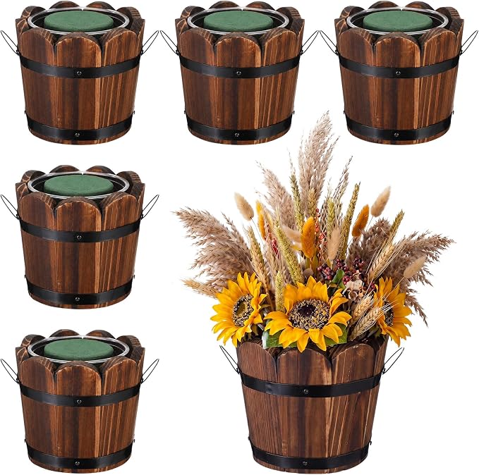 6 Pcs Rustic Wood Whiskey Barrel Planter with Removable Plastic Liners & Floral Foam Blocks, Farmhouse Decor for Wedding Table, Home, Garden, Kitchen & Party Centerpieces (Trendy)