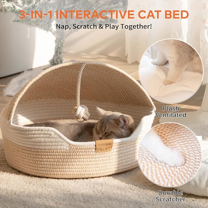 CHEERPALS Cat Basket Bed with Washable Cushion and Ball Rope Cotton, Covered Pet Bed for Indoor Cats Cave Bed Hooded, Stimulicat Cat Bed Handwoven Breathable, All Season Universal(White)