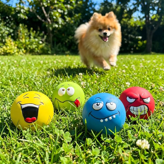 Squeaky Dog Toys, Funny Face Latex Rubber Interactive Dog Balls, Soft Chew Fetch Play Toys for Puppy Small Medium Dogs, 4PCS
